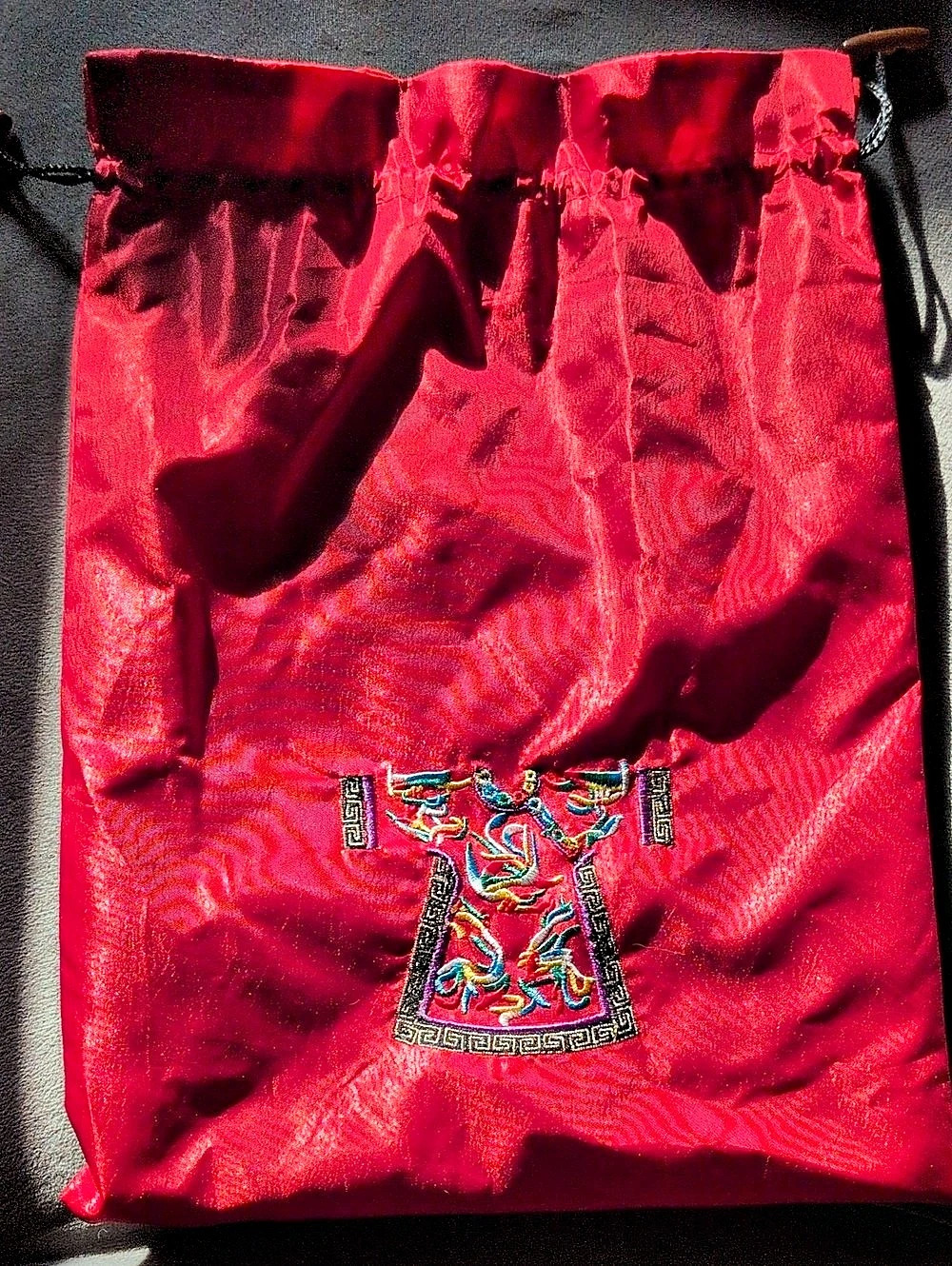Embroidered Drawstring Pouch in Red Like New